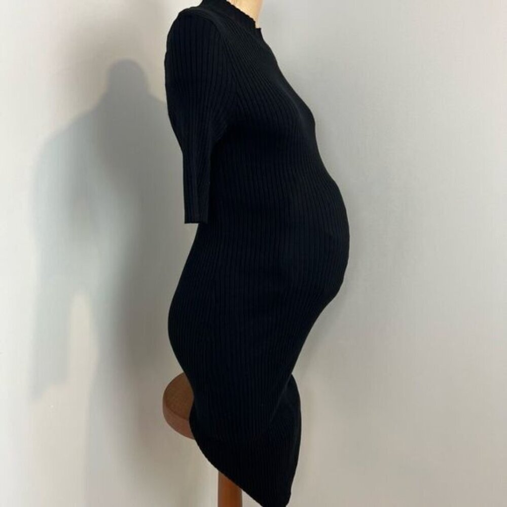Rose Maternite Medium Maternity Pregnancy Stretch Black Midi Dress Ribbed